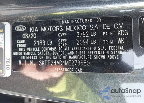 2021 Kia Forte Lxs z USA, uszkodzony, nr VIN 3KPF24AD4ME273680